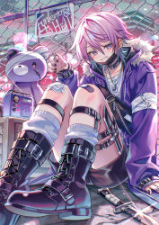 1boy absurdres ankle_boots arm_support bag bandaged_leg bandages bandaid bandaid_on_leg black_boots black_nails black_shorts blue_hair boots box chain-link_fence claw_pose commentary_request dog_tags ear_piercing fence fur_collar gradient_hair grin highres holster knife looking_at_viewer male_focus mask mask_around_neck multicolored_hair nail_polish original outdoors piercing pink_hair purple_eyes radio shirt short_hair shorts sleeves_past_fingers sleeves_past_wrists smile socks solo stuffed_animal stuffed_toy suzaku_(zaku6584) teddy_bear thigh_holster white_shirt white_socks