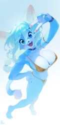 1girl :3 animal_ear_fluff animal_ears animal_nose arm_up artist_name bare_shoulders barefoot bikini black_choker black_claws blue_eyes blue_fur blue_tail braid breast_focus breasts cat_ears cat_girl cat_tail choker claws cleavage collarbone contrapposto curvy double-parted_bangs dutch_angle eyebrows_hidden_by_hair fang floating_hair from_above full_body furry furry_female gold_armlet gold_bikini green_eyes grin hair_between_eyes hair_intakes hairband hand_on_own_ass hand_on_own_hip head_tilt heterochromia highres inuki_(aruurara) large_breasts light_blush long_eyelashes long_hair long_sidelocks looking_at_viewer low-tied_long_hair navel original pawpads raised_eyebrows sidelocks smile solo swimsuit tail thick_eyelashes thick_thighs thighs tongue translation_request two-tone_fur two-tone_tail v white_fur white_tail