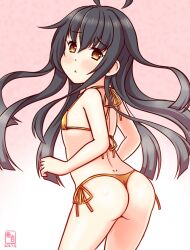 Rule 34 | 1girl, ahoge, alternate costume, artist logo, ass, bikini, black hair, blush, cowboy shot, dated, flat chest, gold bikini, gradient background, kanon (kurogane knights), kantai collection, logo, long hair, looking at viewer, looking back, mikazuki (kancolle), one-hour drawing challenge, pink background, solo, swimsuit, thong bikini, yellow bikini, yellow eyes