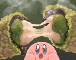 :o blue_eyes blush_stickers colored_skin commentary_request drooling food kirby kirby_(series) looking_at_food miclot mochi nintendo no_humans open_mouth pink_skin steam