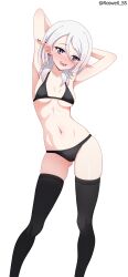 1girl absurdres armpits arms_up blush breasts collarbone cowboy_shot crotch feet_out_of_frame gluteal_fold highres medium_hair multicolored_hair navel open_mouth original pointy_ears roswell_ss simple_background small_breasts solo thighhighs thighs underwear upper_body white_background white_hair