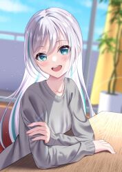 Rule 34 | 1girl, aqua eyes, arms on table, blue sky, blurry, blurry background, blush, choppy bangs, collarbone, commentary request, crossed arms, day, depth of field, dutch angle, film grain, grey hair, grey sweater, hair between eyes, hand on own arm, highres, hominotsu, indoors, long bangs, long hair, long sleeves, looking at viewer, open mouth, original, sky, smile, solo, straight hair, sweater, swept bangs, table, upper body, wooden table