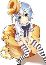 1girl 3: absurdres bad_id bad_tumblr_id between_legs biscuit_(bread) bisuke-tan black_bow blue_eyes blue_hair blush bow bowtie closed_mouth eyes_visible_through_hair food food_on_head from_above hair_between_eyes hand_between_legs highres kfc looking_away navel nightgown object_on_head own_hands_together panties puffy_short_sleeves puffy_sleeves raised_eyebrows ribbon-trimmed_sleeves ribbon_trim shadow shiori_(moechin) short_hair short_sleeves simple_background sitting skindentation solo straight_hair striped_clothes striped_panties striped_thighhighs syrup thighhighs underwear v_arms white_background
