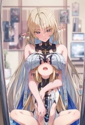 2girls bare_shoulders blonde_hair blue_eyes blurry blurry_background breast_rest breasts breasts_on_face breasts_on_head cartethyia_(wuthering_waves) dot_nose ear_piercing earrings elf female_focus fleurdelys_(wuthering_waves) highres hug jewelry large_breasts long_hair multiple_girls open_mouth piercing pointy_ears raaivault sitting smile sparkle_earrings standing wuthering_waves yuri