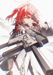 1girl absurdres aiming aiming_at_viewer am00-07 arknights black_gloves commentary_request covering_own_eyes energy_wings exusiai_(arknights) exusiai_the_new_covenant_(arknights) fingerless_gloves gloves grin gun halo hand_over_eye highres holding holding_gun holding_weapon looking_at_viewer one_side_up parted_lips red_hair smile solo submachine_gun weapon yellow_eyes