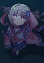 Rule 34 | 1girl, blue sailor collar, blush, commentary request, drill hair, from above, full body, grey hair, highres, jacket, looking up, makaino ririmu, makaino ririmu (4th costume), multicolored hair, neckerchief, night, nijisanji, open clothes, open jacket, outdoors, parted lips, pink hair, pointy ears, red eyes, red neckerchief, sabamen, sailor collar, school uniform, serafuku, sketch, skirt, solo, twin drills, two-tone hair