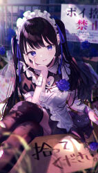 1girl apron bandaged_arm bandages bandaid bandaid_on_arm black_cat black_choker black_dress black_hair black_thighhighs blue_flower blue_ribbon blunt_bangs blush breasts cat choker cigarette cigarette_pack cleavage clothing_cutout crying crying_with_eyes_open dress ear_piercing flower frilled_apron frilled_shirt_collar frills gauze gauze_on_arm hair_ribbon hand_on_own_cheek hand_on_own_face heart_cutout highres holding holding_cigarette holding_cigarette_pack jewelry kappe_reeka looking_at_viewer maid_apron maid_headdress necklace open_mouth original pendant piercing puffy_short_sleeves puffy_sleeves purple_eyes ribbon short_sleeves smile solo tears thighhighs torn_clothes torn_thighhighs translation_request twintails twitter_username white_apron