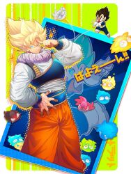 Rule 34 | &gt; &lt;, 2boys, ^ ^, anger vein, angry, armor, artist name, baggy pants, black hair, blonde hair, blue bodysuit, blue eyes, blue hair, bodysuit, boots, border, chest armor, chibi, closed eyes, closed mouth, copyright request, dragon ball, dragon ball super, dragonball z, gloves, green background, halftone, hand up, long hair, long sleeves, looking at viewer, mini person, miniboy, motion blur, motion lines, multiple boys, official alternate costume, ommmyoh, open mouth, orange pants, pants, puffy long sleeves, puffy sleeves, puyo (puyopuyo), puyopuyo, saiyan armor, shirt, shoulder armor, smile, smirk, son goku, spiked hair, super saiyan, super saiyan 1, super saiyan blue, tears, throwing, translation request, v-shaped eyebrows, vegeta, very long hair, white border, white footwear, white gloves, white shirt