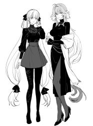 2girls alternate_costume bow breasts changli_(wuthering_waves) closed_mouth earrings feather_hair greyscale hair_bow high_heels highres jewelry jinhsi_(wuthering_waves) large_breasts long_hair long_sleeves low_twintails monochrome multiple_girls pantyhose sbs shirt shoes side_slit simple_background skirt smile twintails very_long_hair white_background wuthering_waves