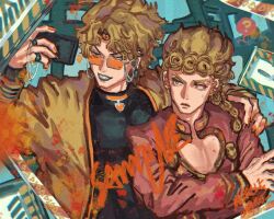 2boys abstract_background black_leotard blonde_hair braid cellphone cleavage_cutout clothing_cutout collar crossed_arms dio_brando earrings eyewear_strap father_and_son giorno_giovanna green_lips green_nails grin hand_on_another&#039;s_shoulder heart heart_ornament highres hoop_earrings jacket jewelry jojo_no_kimyou_na_bouken ladybug_ornament leotard looking_at_object male_focus multiple_boys orange-tinted_eyewear orange_collar pectoral_cleavage pectorals phone pink_jacket quanmingwu ring smartphone smile sweatdrop taking_picture tinted_eyewear upper_body vento_aureo victory_rolls yellow_eyes yellow_jacket