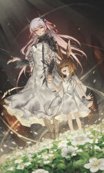 2girls :d adpong amiya_(arknights) amiya_(young)_(arknights) animal_ears aqua_eyes arknights black_horns breasts brown_hair cape choker cleavage cleavage_cutout clothing_cutout commentary_request dress energy flower full_body hair_between_eyes highres holding_hands horns jewelry long_dress long_hair long_sleeves medium_hair multiple_girls multiple_rings open_mouth orange_eyes parted_lips pink_hair plant ring smile standing theresa_(arknights) turtleneck turtleneck_dress twitter_username watermark white_cape white_choker white_dress white_flower