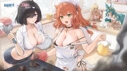 4girls animal_ear_fluff animal_ears animal_hands apron armpit_crease atelier_(series) atelier_yumia azur_lane bikini black_bikini black_choker black_hair blonde_hair bow breasts burnt_food choker cleavage collarbone copyright_name cream cream_on_body cream_on_breasts cream_on_face dark-skinned_female dark_skin denim denim_shorts flying_sweatdrops food food_on_face fruit green_eyes green_hair hair_bow highres indoors isla_von_duerer isla_von_duerer_(open-air_vacationeer) kitchen large_breasts lenja lenja_(summer_vacation_time) logo long_hair looking_at_viewer manjuu_(azur_lane) medium_hair mole mole_under_eye multiple_girls navel nina_friede nina_friede_(cafe_&amp;_diner_mode) official_alternate_costume official_art orange_hair oven_mitts plant potted_plant purple_eyes red_eyes shirt short_hair short_shorts shorts side-tie_bikini_bottom side_ponytail skindentation stomach strawberry swimsuit third-party_source tied_shirt whisk white_apron white_bow white_shirt window yumia_liessfeldt yumia_liessfeldt_(everyone&#039;s_favorite_patissier)