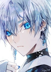 1boy black_shirt blue_eyes closed_mouth commentary dated dated_commentary earrings eyes_visible_through_hair grey_hair hair_between_eyes highres jewelry light_particles male_focus matsunaka_hiro mismatched_earrings original portrait shirt short_hair signature sleeves_past_wrists solo tsurime