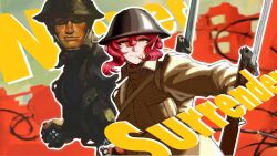 Rule 34 | 1boy, 1girl, barbed wire, bayonet, commentary, english commentary, english text, explosive, grenade, gun, hair between eyes, helmet, highres, holding, holding grenade, holding gun, holding weapon, military uniform, orange eyes, original, pink hair, samuel.t, weapon, world war ii