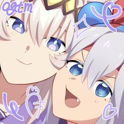 2girls :d :t blue_eyes carrot cheek-to-cheek drawn_heart fang grey_hair hair_between_eyes hair_ornament hairband headband heads_together looking_at_viewer multiple_girls oguri_cap_(umamusume) open_mouth portrait red_headband school_uniform ship_name smile sparkle tamamo_cross_(umamusume) tracen_school_uniform umamusume v-shaped_eyebrows yangmal_(uma_red_sheep)