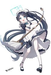 1girl absurdly_long_hair absurdres apron aqua_eyes aqua_halo aqua_ribbon aris_(blue_archive) aris_(maid)_(blue_archive) artist_name black_dress black_hair black_shoes black_wrist_cuffs blue_archive blush bright_pupils chinese_commentary collared_dress commentary contrast_collar dot_nose dress floating_clothes floating_hair foreshortening frilled_apron frilled_dress frills full_body halo highres holding holding_mop kei_(robot)_(blue_archive) legs liago long_hair long_sidelocks looking_at_viewer maid maid_apron maid_headdress mary_janes mop neck_ribbon official_alternate_costume official_alternate_hairstyle open_mouth pantyhose parted_bangs pigeon-toed ponytail puffy_short_sleeves puffy_sleeves rectangular_halo ribbon ringed_eyes shoes short_sleeves sidelocks simple_background smile solo standing tareme teeth two-sided_dress two-sided_fabric upper_teeth_only very_long_hair water white_apron white_background white_pantyhose wrist_cuffs
