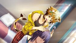 1boy 1girl animal_ear_fluff animal_ears bed bell black_bow black_choker black_tank_top blonde_hair bow brown_hair cat_boy cat_ears cat_tail choker dill_(nekopara_-_catboys_paradise) faceless faceless_female fluffy_hair food fruit g_yuusuke game_cg grin hair_ornament hairclip hands_on_another&#039;s_head hands_up highres holding holding_tool indoors jacket long_sleeves looking_at_another looking_down makeup makeup_brush mc_(nekopara_-_catboys_paradise) multicolored_tail neck_bell nekopara nekopara_-_catboys_paradise night non-web_source official_art open_clothes open_jacket open_mouth orange_hair pants pillow purple_hair red_pants short_hair sitting sliced sliced_fruit smile spots spotted_fur spotted_tail standing strawberry striped_clothes striped_pants sunlight tail tail_wagging tank_top tool_request tools window yellow_eyes yellow_jacket