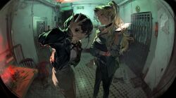 2girls absurdres belt black_belt black_choker black_eyes black_hair black_jacket black_pants black_shirt blonde_hair brown_eyes cellphone chair choker commentary dress emergency_exit english_commentary exit_sign grey_dress grey_jacket grin high_ponytail highres holding holding_phone indoors industrial_pipe jacket long_hair long_sleeves looking_at_viewer medium_hair monobloc_(chair) multiple_girls ok_sign ok_sign_over_eye one_eye_closed open_clothes open_jacket original pants parted_lips phone ponytail pov_peephole red_ribbon ribbon shirt shuimian_touzhi sidelocks smartphone smile standing table teeth tile_floor tiles