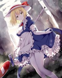 Rule 34 | 1girl, album cover, apron, blonde hair, blue dress, bow, commentary request, cover, dress, elbow gloves, frilled apron, frills, givuchoko, gloves, hat, hat bow, kana anaberal, no entry sign, pantyhose, puffy short sleeves, puffy sleeves, red bow, road sign, short sleeves, sign, skirt hold, smile, solo, sun hat, textless version, touhou, touhou (pc-98), waist apron, white apron, white gloves, white hat, white pantyhose, yellow eyes