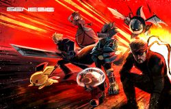 1girl 3boys black_gloves blonde_hair blue_eyes brown_hair cloud_strife crown dress eyepatch final_fantasy final_fantasy_vii fire flying gen_2_pokemon gloves grin headband jumping kneeling mario_(series) mask meta_knight metal_gear metal_gear_(series) metal_gear_solid mouse_(animal) multiple_boys nintendo olimar pichu pikmin_(series) pokemon pokemon_(creature) princess_daisy red_dress running serious short_hair smile solid_snake star_fox super_mario_bros._1 super_mario_land super_smash_bros. sword tomboy weapon wings wolf wolf_o&#039;donnell yellow_eyes