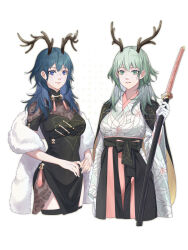 2girls alternate_costume alternate_hair_color antlers blue_eyes blue_hair closed_mouth clovisxvii commentary_request covered_navel dress female_byleth_(enlightened)_(fire_emblem) female_byleth_(fire_emblem) fire_emblem fire_emblem:_three_houses fur_trim green_eyes green_hair highres holding holding_sword holding_weapon horns japanese_clothes kimono medium_hair multiple_girls nintendo parted_lips scabbard sheath sheathed simple_background smile sword weapon white_background