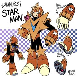1boy android ariga_hitoshi arm_cannon armor arrow_(symbol) artist_name black_bodysuit black_eyes blue_background bodysuit boots character_name checkered_background chest_armor commentary_request concept_art english_text flower flower_in_mouth from_behind full_body gloves gradient_background hand_on_own_hip helmet highres industrial_pipe joints knee_boots looking_ahead male_focus mega_man_(classic) mega_man_(series) mega_man_5 mega_man_megamix mouth_hold multiple_views no_humans one_eye_closed orange_armor orange_boots pink_flower pink_rose purple_background reference_sheet robot robot_ears robot_joints rose scanlines screw shoe_soles simple_background smile standing star_(symbol) star_man_(mega_man) turnaround weapon white_background white_gloves