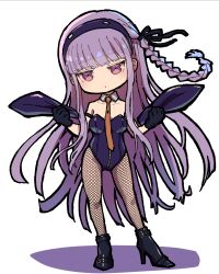 1girl bare_shoulders black_leotard black_ribbon black_shoes braid brown_eyes brown_necktie collarbone danganronpa:_trigger_happy_havoc danganronpa_(series) detached_collar fishnet_pantyhose fishnets full_body hair_ribbon high_heels highres holding kirigiri_kyoko leotard long_hair necktie pantyhose pink_hair playboy_bunny ribbon shoes side_braid solo standing youko-shima