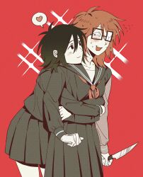 2girls 97ttwwaazz black_hair black_serafuku brown_hair cowboy_shot fang flying_sweatdrops genderswap genderswap_(mtf) glasses heart highres holding holding_knife hug hug_from_behind knife looking_at_another multiple_girls randal&#039;s_friends randal_ivory red_background school_uniform serafuku short_hair sparkle sparkling_aura spoken_heart sweat tsukada_satoru yuri