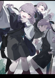 1girl against_railing bag black_bag black_capelet black_dress black_ribbon black_socks blue_eyes blunt_bangs capelet covering_own_mouth dress grey_eyes grey_hair grey_sweater hair_ribbon hand_up karei lapwing_(vrchat) leaning_back long_hair long_sleeves looking_at_viewer looking_to_the_side open_mouth railing ribbon selfie shoulder_bag sleeveless sleeveless_dress smile socks standing static_eyes suspenders sweater tile_floor tiles turtleneck turtleneck_sweater vrchat