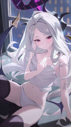 1girl absurdres bare_arms bare_shoulders black_thighhighs blue_archive closed_mouth demon_girl demon_horns demon_wings double-parted_bangs highres hina_(blue_archive) horns long_hair looking_at_viewer navel panties purple_eyes re_naya sidelocks sitting smile solo tank_top thighhighs underwear white_hair white_panties white_tank_top wings