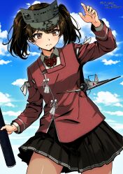 Rule 34 | 1girl, aircraft, airplane, black skirt, brown eyes, brown hair, highres, hisamatomoki, japanese clothes, kantai collection, kariginu, long hair, long sleeves, magatama, miniskirt, pleated skirt, ryuujou (kancolle), ryuujou kai ni (kancolle), shikigami, skirt, solo, twintails, visor cap