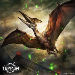 beak building capcom cloud cloudy_sky crest dino_crisis flying highres jun_ishimaru looking_at_viewer looking_down no_humans official_art open_mouth overcast pteranodon pterosaur short_tail sky sun tail talons teppen veins veiny_wings wings yellow_eyes
