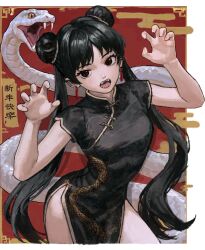 Rule 34 | 1girl, akiii kawa, black dress, black hair, china dress, chinese clothes, chinese zodiac, claw pose, cowboy shot, double bun, dress, earrings, fangs, hair bun, happy new year, highres, jewelry, long hair, looking at viewer, new year, open mouth, original, pankou, red eyes, shanghai neckline, short sleeves, side slit, slit pupils, snake, solo, tassel, tassel earrings, very long hair, white snake, year of the snake