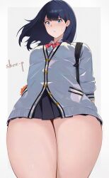 1girl arms_behind_back artist_name black_hair blue_eyes blush bow bowtie cardigan from_below gridman_universe highres medium_hair miniskirt school_uniform shee-p_(inemurisheep113) shirt skirt solo ssss.gridman standing sweat takarada_rikka thick_thighs thighs white_shirt