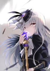 1girl absurdres feathers gem_hair_ornament highres holding holding_staff long_hair long_sleeves looking_at_viewer majinno red_eyes rozen_maiden shadow solo staff suigintou sunlight upper_body white_hair