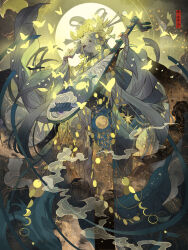 1girl bug butterfly chain commentary_request eyeshadow full_moon gold_chain green_eyes grey_hair highres hikimayu holding holding_instrument horns insect instrument instrument_request japanese_clothes kimono long_hair long_sleeves looking_at_viewer makeup moon nanahara_shie original parted_bangs red_eyeshadow skin-covered_horns smoke solo thick_eyebrows very_long_hair white_kimono wide_sleeves yellow_butterfly