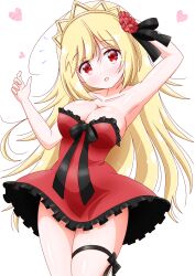 1girl aged_up armpits blonde_hair blush breasts cleavage dress ecute flower hair_flower hair_ornament highres imai_kazunari jashin-chan_dropkick large_breasts long_hair looking_at_viewer open_mouth red_dress red_eyes rose simple_background solo white_background