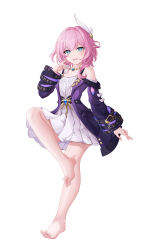 1girl absurdres areola_slip bare_legs bare_shoulders barefoot blue_eyes chinese_commentary coat commentary_request cyrene_(honkai:_star_rail) dress feet full_body hair_ornament hand_up highres honkai:_star_rail honkai_(series) legs lengyu_tk long_sleeves looking_at_viewer medium_hair open_mouth pink_hair pink_pupils pointy_ears purple_coat sidelocks simple_background smile solo toes white_background white_dress