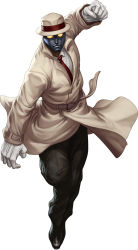 Rule 34 | capcom, coat, fedora, fighting stance, gloves, glowing, glowing eyes, hat, highres, mask, necktie, official art, q (street fighter), simple background, solo, stanley lau, street fighter, street fighter iii, street fighter iii: 3rd strike, trench coat