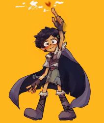 1girl amphibia arm_up armor black_hair blush boots breastplate brown_eyes cape fingerless_gloves full_body fur-trimmed_boots fur-trimmed_cape fur_trim gloves hair_ornament hairclip heart hermi highres index_finger_raised light_smile looking_at_viewer marcy_wu nervous ranger_uniform_(amphibia) short_hair signature solo yellow_background