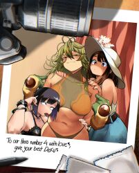 3girls bikini black_hair boku_no_hero_academia breasts brown_eyes brown_hair camera clauschristmas closed_mouth commentary english_commentary gloves green_bikini green_eyes green_gloves green_hair hagakure_toru hat highres jiro_kyoka large_breasts long_hair looking_at_viewer multiple_girls navel photo_(object) pointing pointing_at_self spiked_wristband sun_hat swimsuit tongue tongue_out unusually_visible uraraka_ochaco white_hat