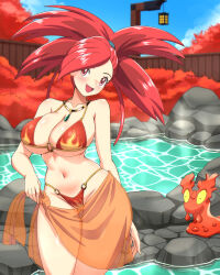 alternate_costume bikini breasts flannery_(pokemon) gen_2_pokemon large_breasts pokemon pokemon_(creature) pokemon_rse red_eyes red_hair slugma swimsuit zuchysdraws