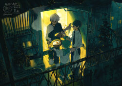 1girl 2boys ahoge aqua_hair aqua_sailor_collar aqua_skirt bag balcony black_hair black_necktie black_pajamas black_pants black_shoes blush bowl braid clenched_hand closed_eyes collared_shirt commentary_request condenser_unit doorknob dress_shirt fence fern food from_above grate highres hinge holding holding_bag holding_bowl holding_food holding_lid iron_fence jimini_shijimi lid long_hair long_sleeves multiple_boys necktie open_door open_mouth original outdoors outstretched_arms oven_mitts pajamas pants plant pleated_skirt potted_plant sailor_collar school_uniform serafuku shirt shoes short_hair short_sleeves sick sidelocks skirt sleeves_rolled_up slippers smile standing steam white_bag white_hair white_shirt white_slippers wide_sleeves window wooden_floor