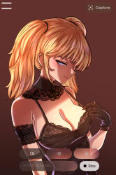 1girl absurdres ani_(xai) arm_garter bad_tag black_lingerie blonde_hair blue_eyes breasts capture_button cleavage elbow_gloves garter_straps gloves grok_(xai) hair_between_eyes high_ponytail highres lace lingerie long_hair looking_down mobile_game_ui non-web_source ponytail see-through_clothes shy_smile sidebangs solo underwear user_interface video_call_interface