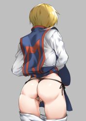 Rule 34 | 1girl, ass, bad id, bad twitter id, beads, black panties, blonde hair, chinese clothes, clothes pull, cowboy shot, echigoya takeru, female focus, flat ass, from behind, genderswap, genderswap (mtf), grey background, hunter x hunter, kurapika, panties, pants, pants pull, partially visible vulva, pearl thong, pussy, pussy peek, short hair, side-tie panties, simple background, solo, standing, tabard, thighs, thong, trap, underwear