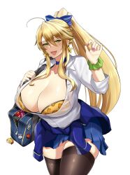 1girl absurdres ahoge alternate_costume alternate_hairstyle altronage amesuku_gyaru animal_print artoria_pendragon_(fate) artoria_pendragon_(lancer)_(fate) black_thighhighs blonde_hair blue_choker blue_ribbon blue_skirt bra breasts choker collared_shirt earrings fate/grand_order fate_(series) floating_earring green_eyes green_scrunchie gyaru hair_between_eyes hair_ribbon highres huge_breasts jewelry kogal leopard_print long_hair mature_female miniskirt pink_nails pleated_skirt ponytail print_bra ribbon scrunchie shirt simple_background skirt thighhighs underwear very_long_hair white_background white_shirt wrist_scrunchie
