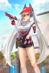 1girl absurdres bare_legs breasts cloud cloudy_sky collarbone commission copyright_request detached_sleeves dolphin_shorts ear_protection enpera_(jdud8375) gun h&amp;k_p30 handgun highres holding holding_gun holding_weapon jitome large_breasts long_hair looking_at_viewer magazine_(weapon) outdoors red_eyes shirt shooting_range short_shorts shorts skindentation sky solo t-shirt thick_thighs thighs twintails very_long_hair visor_cap weapon white_hair