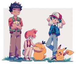 1girl 2boys :d arms_behind_head ash_ketchum asymmetrical_hair baseball_cap belt belt_buckle black_hair blue_jacket blush brock_(pokemon) brown_belt brown_eyes brown_pants buckle closed_eyes closed_mouth creature crossed_arms dark_skin denim denim_shorts gen_1_pokemon gen_2_pokemon grass green_eyes hat highres holding holding_creature holding_pokemon jacket mgomurainu misty_(pokemon) multiple_boys nintendo open_clothes open_mouth open_vest orange_hair pants pikachu pokemon pokemon_(anime) pokemon_(classic_anime) pokemon_(creature) pokemon_rgby ponytail psyduck shirt shoes short_hair short_sleeves shorts side_ponytail sitting sleeveless sleeveless_jacket smile sneakers spiked_hair squatting standing suspenders tank_top togepi vest white_shirt yellow_shirt
