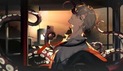 1boy ameinu brown_hair collared_shirt hair_between_eyes head_tilt highres jacket long_sleeves looking_at_viewer male_focus necktie original parted_lips phone shirt short_hair solo tentacles upper_body window