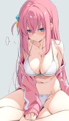 Rule 34 | ..., 1girl, bikini, blue eyes, bocchi the rock!, breasts, cleavage, closed mouth, collarbone, cube hair ornament, gotoh hitori, grey background, hair ornament, highres, jacket, large breasts, long hair, messy hair, navel, off shoulder, one side up, osa (osaosa), pink hair, pink jacket, simple background, sitting, solo, spoken ellipsis, stomach, swimsuit, thighs, very long hair, white bikini